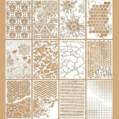12 Pcs Geometric Texture Stencils Painting Reusable 7.1×11 Inch Abstract Layering Stencils for Crafts Plastic Branches Honeycomb Stencil Drawing Templates for DIY Wall Canvas Knit Card Wood - color: Style D