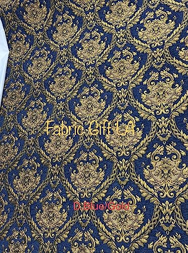 Damask Tapestry Chenille Fabric - Upholstery Fabric, 60" Width - Sold by The Yard (Dark Blue/Gold) - color: Dark Blue/Gold