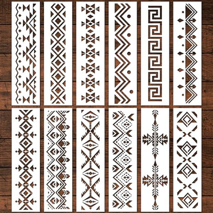 Keluna Aztec Stencils - 12 Pcs Boho Borders Pattern Stencils for DIY Wall & Wood Canvas Painting - style: aztec