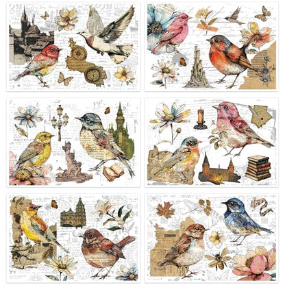 6 Pcs Vintage Letters & Birds Rub-On Transfers, 8 x 12 Inch - style: Vintage Bird Collage