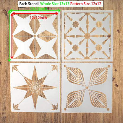 4 Pieces 12x12 Inch Reusable Template for Painting, Tile Stencils for Painting on Wood, Wall, Floor, Concrete Template for Patio, Large Stencils for Painting Floors - size: 12x12