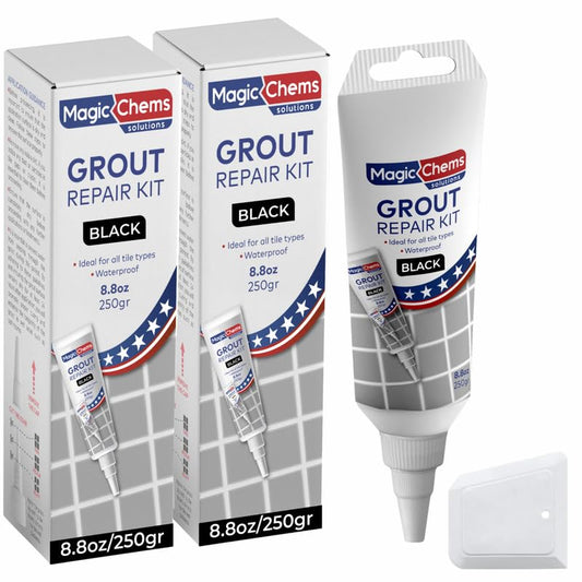 Magic Chems Tile Grout Repair Kit, Black, 2 Pack, 8.8 oz (250g) Each – Fast-Drying Grout Filler, Grout Sealer & Tile Grout Paint for Bathroom Floors, Tile Gaps, Joints and Lines - color: Black, size: 2 Pack