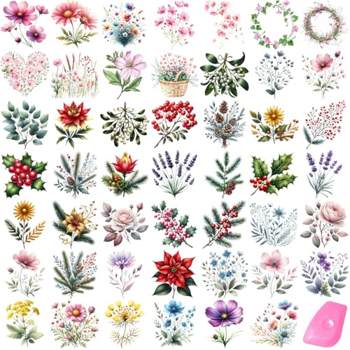 48 Sheets Rub on Transfers for Crafts and Furniture Rub on Transfer Stickers Decals for Wood,2.5 * 2.5inch (Dreamlike Wildflowers) - style: Dreamlike Wildflowers