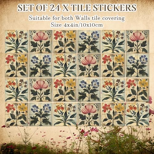 Faccito 24 Pcs Boho Flower 4x4 Tile Stickers Peel Stick Wall - style: Boho Flower