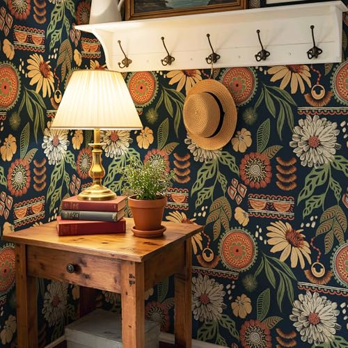 Simon&Siff Boho Sun Floral Retro Peel and Stick Wallpaper 17.3" x 800" - color: Blue, size: 17.3" x 800"