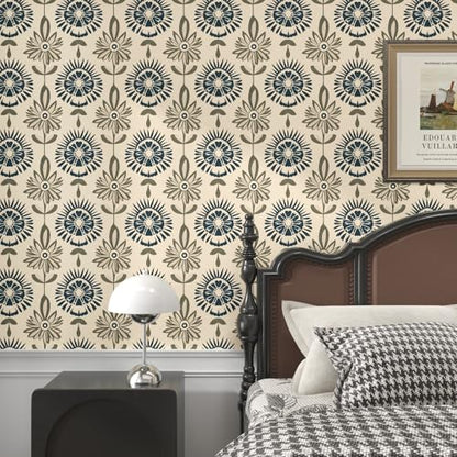 BOKEBEVE Boho Floral Peel and Stick Wallpaper Beige Blue 17.5 x 196In - color: Dark Beige/Blue/Green, size: 17.5" x 196.5"
