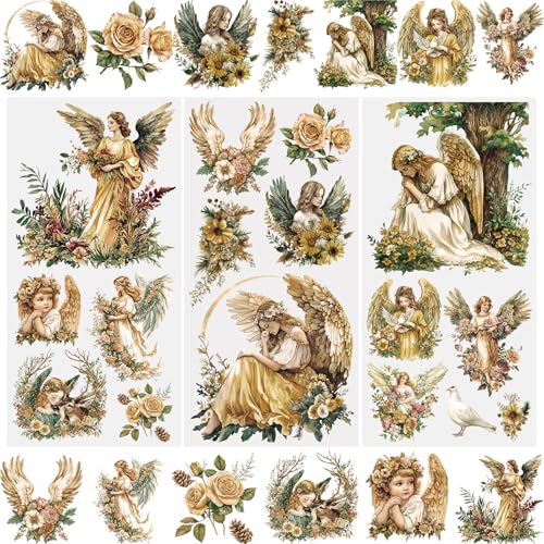 WANDIC 3 Sheets Rub On Transfer Stickers, Retro Angel Waterproof Decals Furniture Craft Decorative, Junk Journals for DIY Scrapbooking, 15 * 30cm - color: Retro Angel