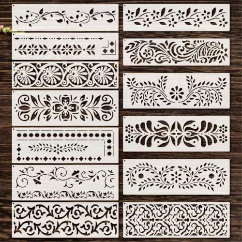Border Stencil 13pcs Stencils 12inch Reusable Plastic Templates Floral Craft Paint Template Flower Vines Stencils Painting on Wood Furniture Wall Canvas Floor