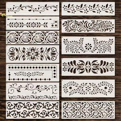 Border Stencil 13pcs Stencils 12inch Reusable Plastic Templates Floral Craft Paint Template Flower Vines Stencils Painting on Wood Furniture Wall Canvas Floor