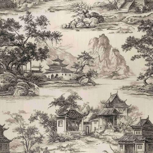 Chinoiserie Landscape Peel and Stick Wallpaper, Vintage Chinese Ink Pattern - size: 17.7" x 236"