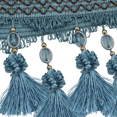 3yards Pom Pom Curtain Fringe Trim Beads Ball Tassel Trimming Sewing Ribbon Upholstery Fabric (Blue) - color: blue