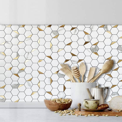 DICOFUN 10-Sheet Hexagon Tile Peel and Stick Backsplash, White Marble Look PVC Mixed Golden Metal Mosaic Tiles for Kitchen and Bathroom - color: Marble White + Gold Metal Chip, size: 10 Sheets, 12''x12''x0.12''