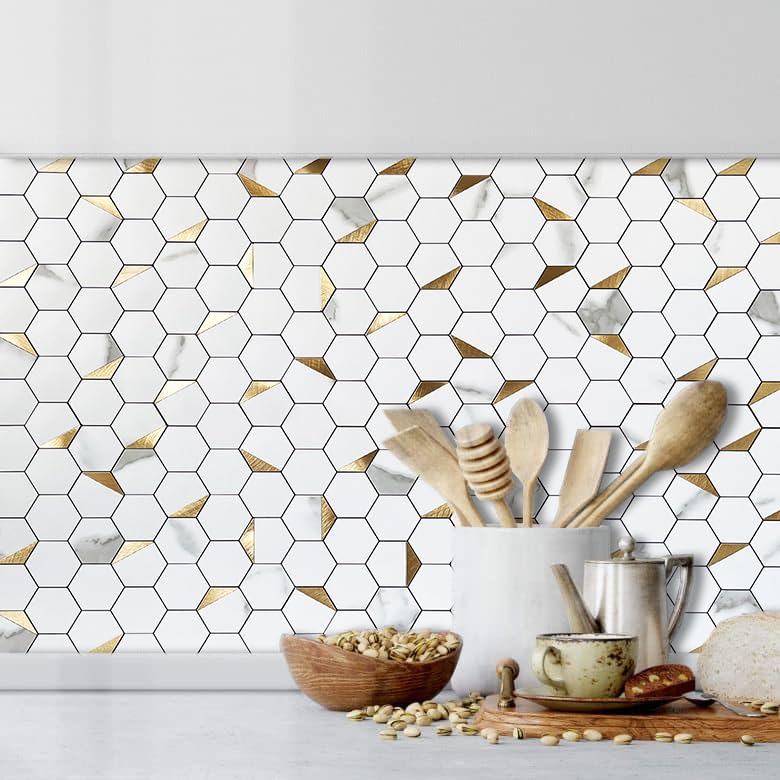 DICOFUN 10-Sheet Hexagon Tile Peel and Stick Backsplash, White Marble Look PVC Mixed Golden Metal Mosaic Tiles for Kitchen and Bathroom - color: Marble White + Gold Metal Chip, size: 10 Sheets, 12''x12''x0.12''