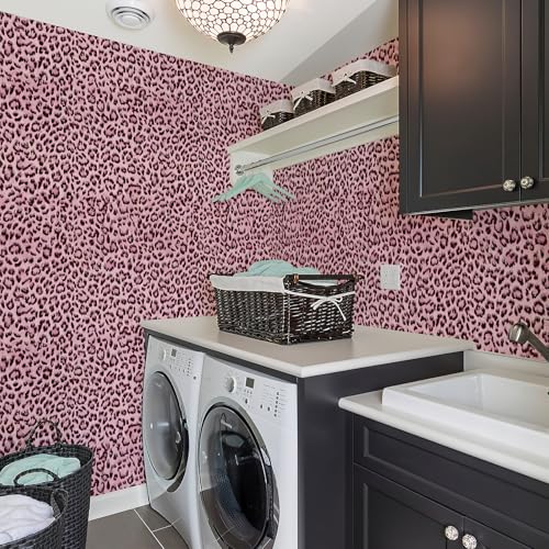 Simon&Siff Leopard Print Peel and Stick Wallpaper 17.3"x400" Black/Pink Removable Wallpaper Renter Friendly Waterproof Contact Paper for Bedroom Bathroom Living Room Cabinet - color: Pink, size: 17.3" x 400"