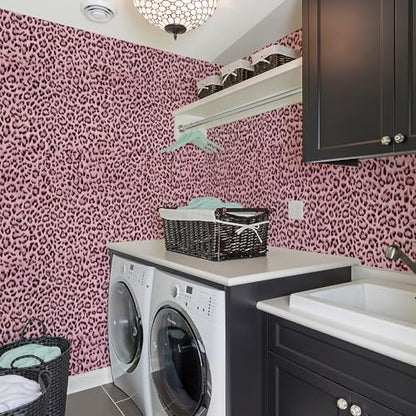 Simon&Siff Leopard Print Peel and Stick Wallpaper 17.3"x400" Black/Pink Removable Wallpaper Renter Friendly Waterproof Contact Paper for Bedroom Bathroom Living Room Cabinet - color: Pink, size: 17.3" x 400"