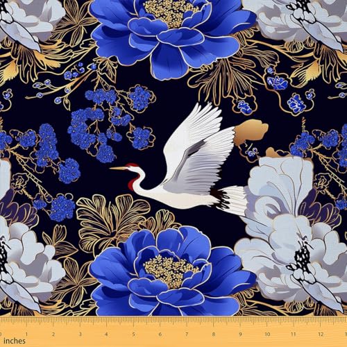 Blue Flowers Fabric by The Yard Japanese Gradient Blooming Floral No Stretch Fabric Wild Crane Golden Sketch Plants Soft Polyester Fabric for DIY Projects 1 Yard Pre-Cut,36x59 - color: Multi 6, size: 1 Yard