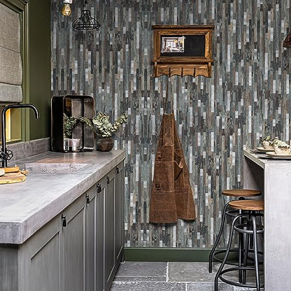 Midcard 10 Sheet Peel and Stick Backsplash Tile, Stick on Tiles for Backsplash Kitchen, Bathroom, Laundry Room, Camper, Fireplace. - color: 20Trapezoidal Dented Wood with Metallic Silver