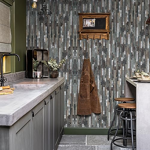 Midcard 10 Sheet Peel and Stick Backsplash Tile, Stick on Tiles for Backsplash Kitchen, Bathroom, Laundry Room, Camper, Fireplace. - color: 20Trapezoidal Dented Wood with Metallic Silver