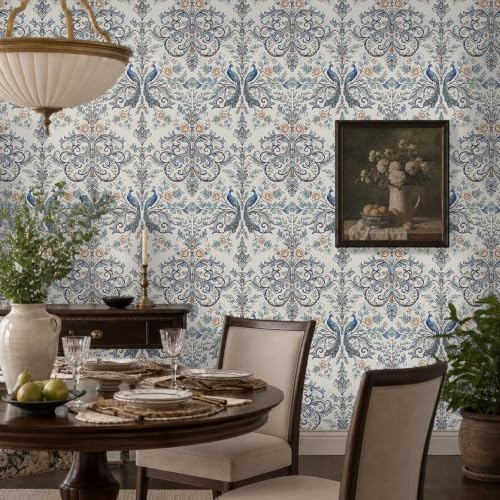 Blue Peacock Damask Peel and Stick Boho Wallpaper 17.5"x 118" - color: Blue, size: 17.5" x 118"