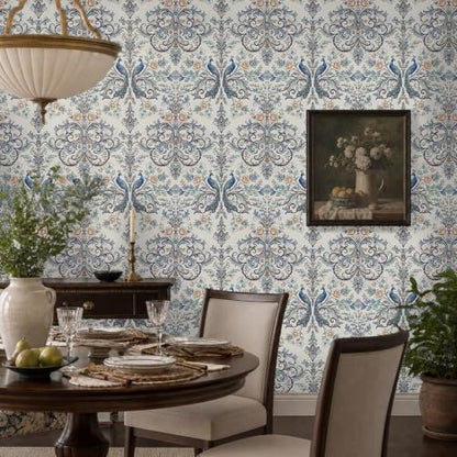 Blue Peacock Damask Peel and Stick Boho Wallpaper 17.5"x 118" - color: Blue, size: 17.5" x 118"