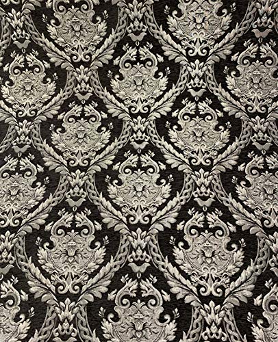 Damask Tapestry Chenille Fabric - Upholstery Fabric, 60" Width - Sold by The Yard (Black/Silver) - color: Black/Silver