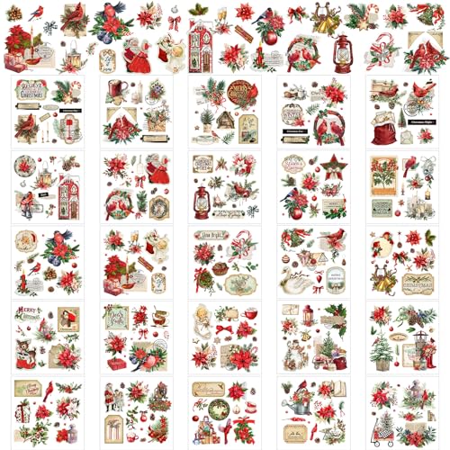 Dispowreath 25 Sheets Vintage Christmas Rub on Transfers for Crafts - style: Poinsettia