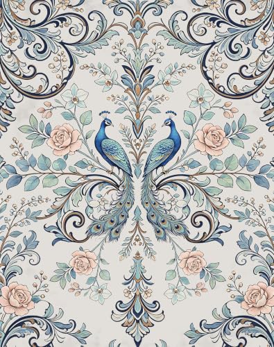 Blue Peacock Damask Peel and Stick Boho Wallpaper 17.5"x 118" - color: Blue, size: 17.5" x 118"
