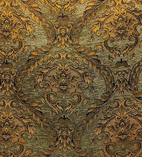 Damask Tapestry Chenille Fabric - Upholstery Fabric, 60" Width - Sold By The Yard (Olive(Sage)/Gold) - color: Olive(sage)/Gold