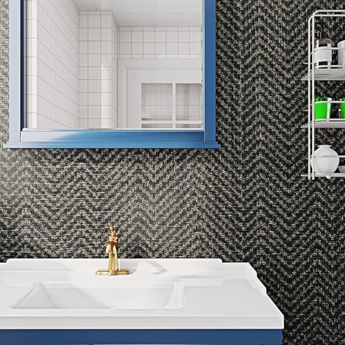 FunStick 15.8"x240" Black and Gold Grasscloth Wallpaper Self Adhesive Fabric Peel and Stick Wallpaper Geometric Wallpaper Removable Modern Herringbone Contact Paper for Bedroom Cabinets Desk Shelves - size: 15.8" x 240"