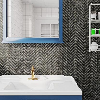 FunStick 15.8"x240" Black and Gold Grasscloth Wallpaper Self Adhesive Fabric Peel and Stick Wallpaper Geometric Wallpaper Removable Modern Herringbone Contact Paper for Bedroom Cabinets Desk Shelves - size: 15.8" x 240"