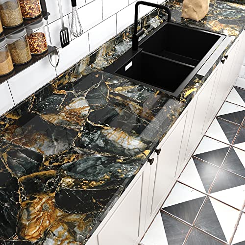 VEELIKE Large Size Slate Gold Marble Contact Paper for Countertops Waterproof 32''x354'' Glossy Counter Tops Stick Paper Marble Wallpaper Peel and Stick for Kitchen Bathroom Furniture Desk Furniture - size: 32" x 354"