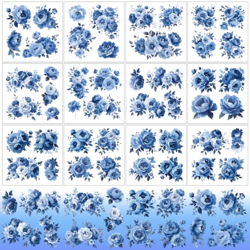 12 Sheets Blue Floral Rub on Transfers for Crafts Blue Rose Clings Window Stickers for Glass Scrapbooking Journals Planners for Home Office Decor - style: Peonies in Blue