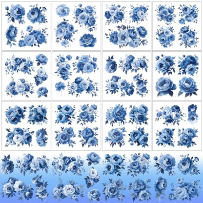 12 Sheets Blue Floral Rub on Transfers for Crafts Blue Rose Clings Window Stickers for Glass Scrapbooking Journals Planners for Home Office Decor - style: Peonies in Blue