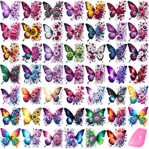 48 Sheets Rub on Transfers for Crafts and Furniture Rub on Transfer Stickers Decals for Wood,2.5 * 2.5inch (Butterfly Flower) - style: Butterfly Flower
