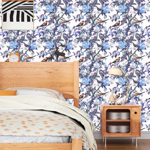 Danodoi Blue Bird Floral Peel and Stick Wallpaper 17.5" x 118" - color: Light Blue, size: 17.5" x 118"