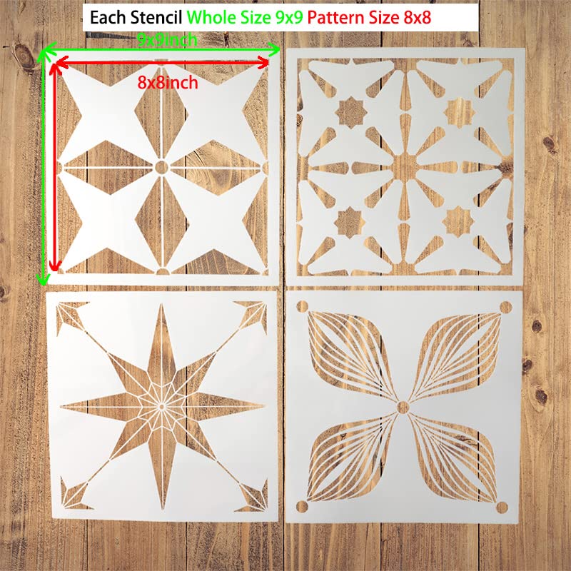 4 Pieces 8x8 Inch Reusable Template for Painting, Tile Stencils for Painting on Wood, Wall, Floor, Concrete Template for Patio, Large Stencils for Painting Floors - size: 8x8