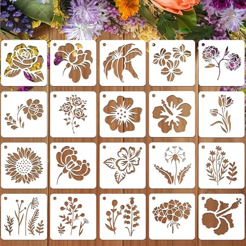JULMELON 20 Pcs Flower Stencils for Painting on Wood Reusable Sunflower - style: Flower Stencils