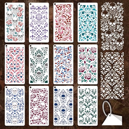 12 Sheets Gothic Texture Stencil for Painting, Rose Skull Retro Flower Drawing Stencil Reusable Punk Rock Art Template for Painting on Wall Wood Home Decor - style: Gothic Texture