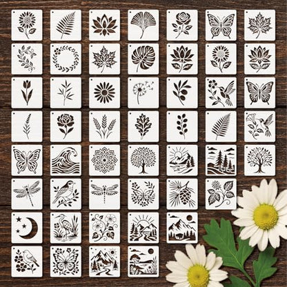 Stencils 4in 50pcs Reusable Plastic Templates Craft Paint Template Nature Style DIY Crafts Stencil Holiday for Fabrics Window Wall Home Wood(4inch 50 Pack)