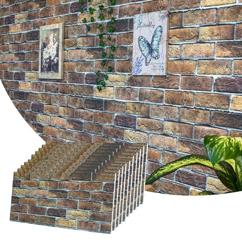 Dundee Deco 3D Wall Panels Faux Brick - Cladding, Brown Beige Stone Look Wall Paneling, Styrofoam Facing for Living Room, Kitchen, Bathroom, Balcony, Bedroom, Set of 10, Covers 54 sq ft - color: Beige Brown