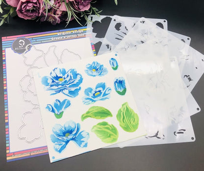 Alinacutle 5pc Peony Flower Layering Stencils & 1set Frame Dies Set Plastic Stencil with Frames Metal Cutting Die Cut for DIY Art Craft Paper Craft Scrapbooking Handmade Card Making Art Cuts - color: Layered Flowers