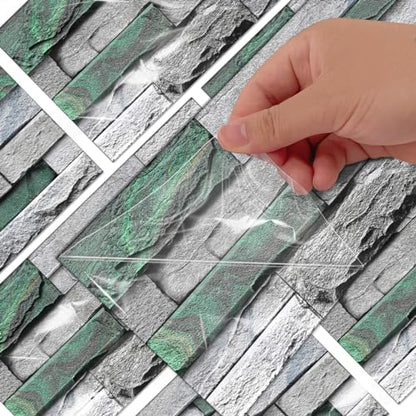 Alwayspon 24Pcs 12x6inch Peel&Stick Wall Sticker Vinly Wallpaper, Waterproof Backsplash for Kitchen Bathroom, Self-Adhesive Tile Transfers Decal Stick on Tiles with Dark Green Stone Brick Effect - color: Fg-l12, size: 24 Pcs