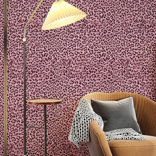 Simon&Siff Leopard Print Peel and Stick Wallpaper 17.3"x400" Black/Pink Removable Wallpaper Renter Friendly Waterproof Contact Paper for Bedroom Bathroom Living Room Cabinet - color: Pink, size: 17.3" x 400"