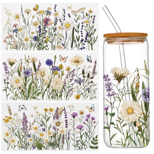 WANDIC 3 Sheets UV DTF Rub on Transfer Stickers, Horizontal Wildflower 3D Cup Warp Waterproof Decals for Glass Bottle Furniture Crafts,15 * 30cm - color: Wildflower Butterfly