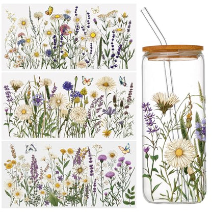 WANDIC 3 Sheets UV DTF Rub on Transfer Stickers, Horizontal Wildflower 3D Cup Warp Waterproof Decals for Glass Bottle Furniture Crafts,15 * 30cm - color: Wildflower Butterfly