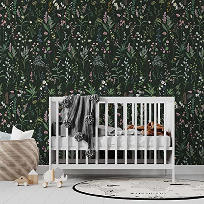 JiffDiff Dark Green Botanical Floral Peel and Stick Wallpaper, 17.3" x 118" - color: Dark Green, size: 17.3" x 118"