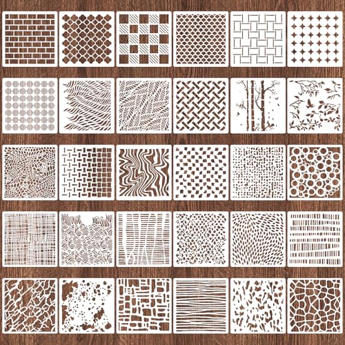 30pcs Texture Stencils for Crafts, Reusable Mixed Media Geometric Brick Cubist Leopard Wood Grain Stencil Layering Stencils for Painting on Wood Wall DIY Background Furniture Card Canvas 6x6in