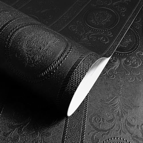 JiffDiff Black 3D Embossed Textured Peel Stick Wallpaper 17.3"x400" - color: Black, size: 17.3" x 400"