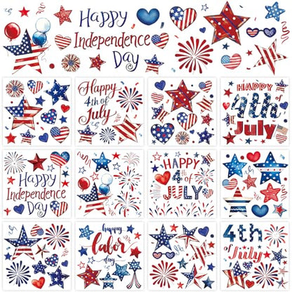 Whaline 12 Sheets Patriotic Rub on Transfer for Crafts Rub on Transfer Stickers Red Blue Star Heart Fireworks Furniture Decals for 250th Anniversary 4th of July Independence Day, 5.5 x 5.5 Inch