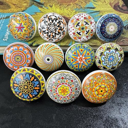 Bohemian Ceramic Knobs - 10Pcs Round Porcelain Knobs - Exquisite Ceramic Bohemian Handles - Bohemian Style Cabinet Knobs